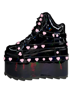 Y R U QOZMO BNDG HEART - BLACK HOLOGRAM/PINK Platforms