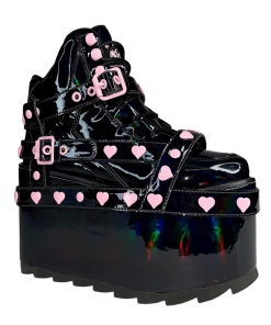 Y R U QOZMO BNDG HEART - BLACK HOLOGRAM/PINK Platforms